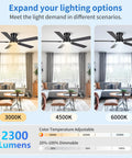 52 Inch Low Profile Ceiling Fan In Matte Black Rolls Silently On A Premium Dc Motor Featuring Easy Peasy App Remote Setup Six Chill Speed Choices Dimmable Led Ambiance And Reversible Blades showing color temperature adjustable light settings.