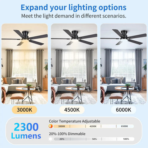 52 Inch Low Profile Ceiling Fan In Matte Black Rolls Silently On A Premium Dc Motor Featuring Easy Peasy App Remote Setup Six Chill Speed Choices Dimmable Led Ambiance And Reversible Blades showing color temperature adjustable light settings.