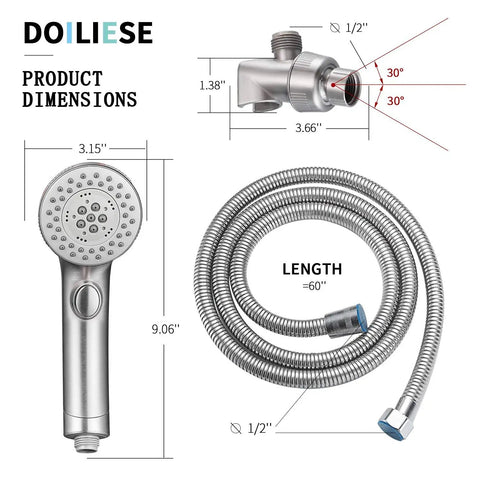 Dimensions and parts of High Pressure 6 Setting Handheld Shower Head With On Off Switch And Spa Spray Mode Anti Clog Rub Clean Jets