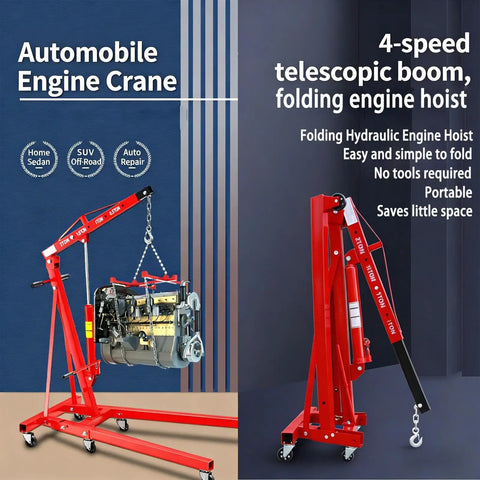 Heavy Duty 2 Ton Folding Hydraulic Engine Hoist With Telescopic Boom And Six Durable Casters Rock Solid Cherry Picker Shop Crane in use lifting an engine.