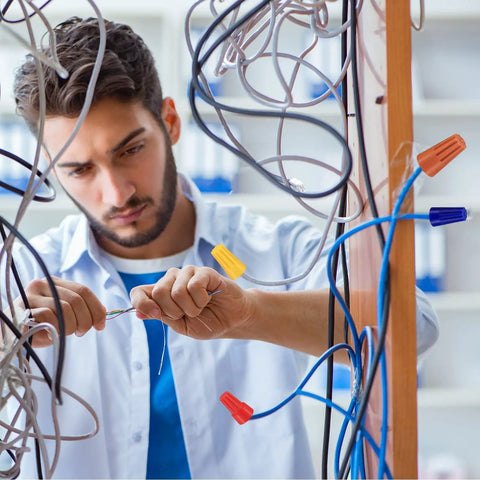 Man using 102 Pcs Wire Nut Connectors Kit With Colorful Caps And Spring Loaded Twist Nuts Portable Electrical Wire Nut Kit for wiring