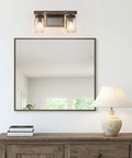 Two Light Mason Jar Vanity Light With Faux Wood Finish In Rustic Farmhouse Cozy Vibe Style Moisture Proof Metal Bath Vanity Lighting