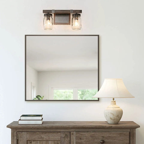 Two Light Mason Jar Vanity Light With Faux Wood Finish In Rustic Farmhouse Cozy Vibe Style Moisture Proof Metal Bath Vanity Lighting