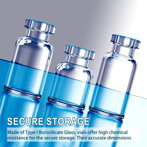 Sterile glass vials with blue liquid and flip-top caps, 3-pack