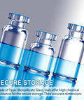 Front view of three 10 ml clear glass vials with blue caps and blue liquid inside.
