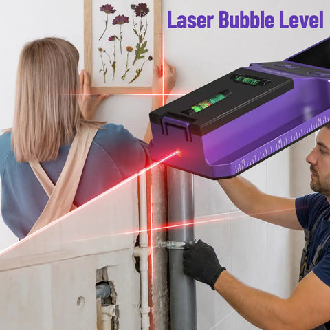 Image of SUNMAY 7-in-1 Stud Finder Wall Scanner with Laser Level in use, assisting in wall mounting and alignment.