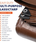 Close-up of heavy-duty brown tarp with grommets, part of Twenty By Twenty Foot Heavy Duty Waterproof Tarp Cover Built To Last 12 Mil Thick.