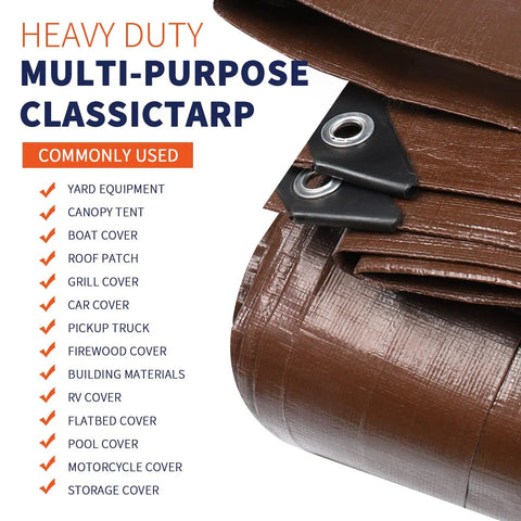 20x30 Heavy Duty Waterproof 12 Mil Tarp Cover Reversible Tarpaulin With UV Resistance Reinforced Edges And Metal Grommets Built Tough For Roofs Camping Patios Pools Boats And Outdoor Projects showing folded brown tarp with grommets