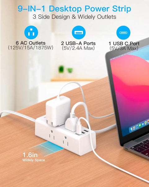 Ultra Flat Power Strip With 6 Outlets And 3 USB Ports No Surge Protection Slim 5 Ft Flat Cord Right Angle Plug Wall Mount Extender