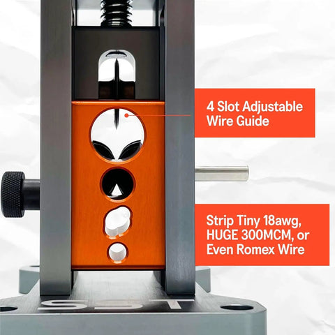 Wire Stripping Machine For Drill Power DIY Easy To Use Adjustable Wire Guide and Romex slot with size details visible