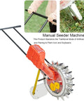 Adjustable Garden Seed Spreader Cart With 400 Sq Meters Per Hour Hopper Capacity shown in use on grass