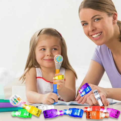 Mother and daughter playing with Science Theme LED Finger Lights 32 Pack With 8 Colors And 8 Designs Ideal For Kids Party Favors