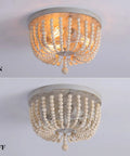 Wood Beaded Chandelier 3 Light Semi Flush Mount Boho Farmhouse Ceiling Light In Oak White Finish on and off view