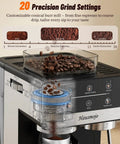 Straight Up Home Cafe Essential With Fully Integrated Bean Grinder And Heavy Duty 20 Bar Italian Pump For Perfect Latte Cappuccino And Quick Cold Brew Refills Daily, showing 20 precision grind settings and conical burr grinder.