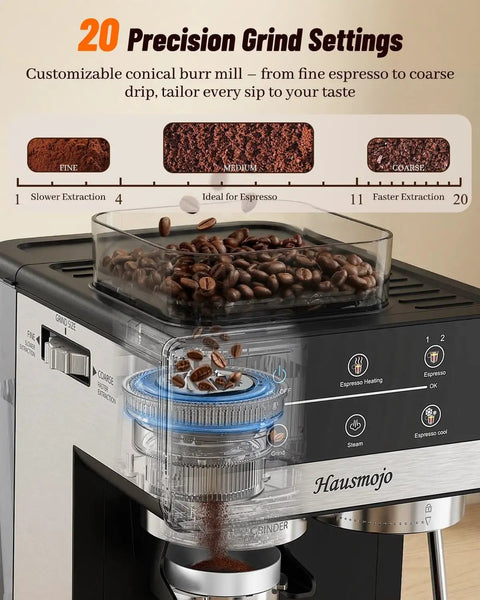 Straight Up Home Cafe Essential With Fully Integrated Bean Grinder And Heavy Duty 20 Bar Italian Pump For Perfect Latte Cappuccino And Quick Cold Brew Refills Daily, showing 20 precision grind settings and conical burr grinder.