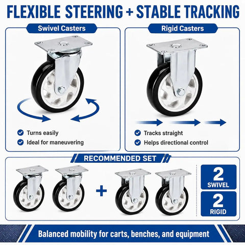 5 Inch Heavy Duty Caster Wheels Set Of 4 Black PU Tread With 2 Rigid And 2 Swivel Units showcasing flexible steering and stable tracking for carts.