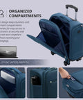 Underseat Carry On Luggage With Wheels Lightweight Softside Travel Bag 14.5 Inch Spinner Suitcase For Women Nautical Blue compartments
