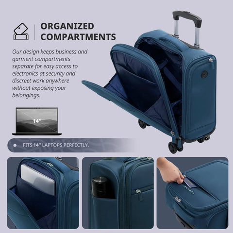 Underseat Carry On Luggage With Wheels Lightweight Softside Travel Bag 14.5 Inch Spinner Suitcase For Women Nautical Blue compartments