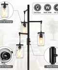 Industrial Floor Lamp With Mason Jar Shade 64 Inch Tall Black Standing Lamp 3 Light Vintage Tree Design Farmhouse Modern Rustic Lighting For Living Room And Bedroom, close-up of jar detail and base.