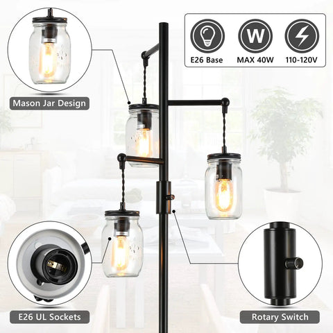Industrial Floor Lamp With Mason Jar Shade 64 Inch Tall Black Standing Lamp 3 Light Vintage Tree Design Farmhouse Modern Rustic Lighting For Living Room And Bedroom, close-up of jar detail and base.