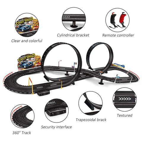 Totally Electric Slot Car Race Track Set For Kids Dual Color Cars Loop Flyover Beginner Friendly Easy Assembly shown in layout diagram
