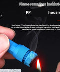 Blue flame-retardant connector with PP housing, resistant to heat, held against a flame to demonstrate insulation properties.