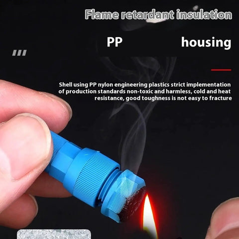 Blue flame-retardant connector with PP housing, resistant to heat, held against a flame to demonstrate insulation properties.