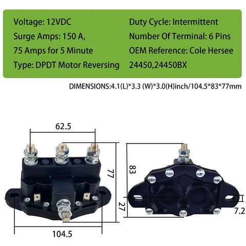 Diagram of 12V Workhorse Winch Reversing Solenoid Switch DPDT Contactor Relay with 6 Terminals, showing dimensions and specifications.