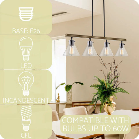Dope Farmhouse Kitchen Island Light With Four Lights In Black Metal Frame Smoked Birch Accent Seeded Glass Conic Shades over dining area
