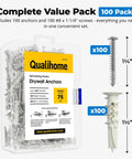 Self Drilling Drywall Anchors With Screws Kit No Pre Drill Needed Anti Spin Grip For Secure Mounts 100 Pack Includes 200 Pieces