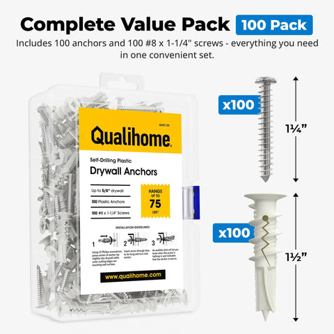 Self Drilling Drywall Anchors With Screws Kit No Pre Drill Needed Anti Spin Grip For Secure Mounts 100 Pack Includes 200 Pieces