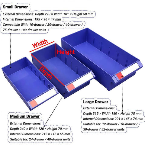 Heavy Duty Bolt Bin Cabinet With One Hundred Drawers For Nuts Bolts And Hardware Storage Featuring Smooth Tracks And Pre Made Labels showing small, medium, and large drawer dimensions.