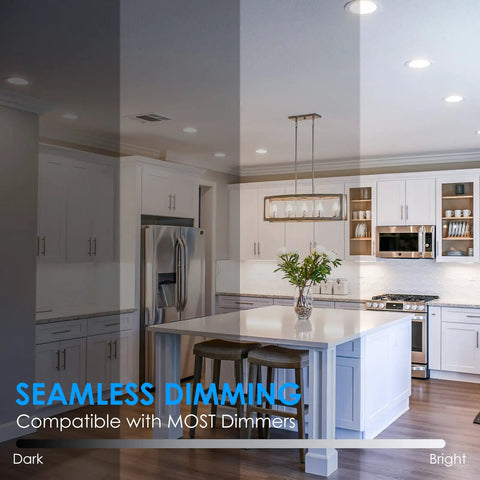 Kitchen with 12 Pack 6 Inch Ultra Slim 5CCT LED Recessed Downlights, highlighting dimming feature from dark to bright.