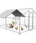 Heavy Duty Metal Chicken Coop With Waterproof UV Resistant Cover And Perch Walk In Outdoor Run For Yard Or Farm Built To Last Large 9.8 Ft L x 13.2 Ft W x 6.4 Ft H Spire Roof Galvanized Steel Frame Keeps Chickens Safe From Rain Wind And Predators with spire roof and hex mesh