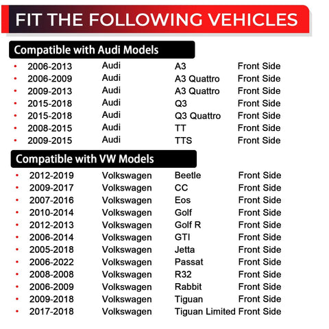 Compatibility chart for Beefy Front Wheel Bearing Hub Assembly Direct Fit For Audi A3 Q3 TT and Volkswagen Beetle Passat Golf Jetta Tiguan