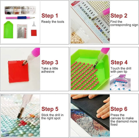 Diamond Painting Kit For Adults Beginners 5D Full Drill DIY Tiger Art Set steps with tools and process instructions.