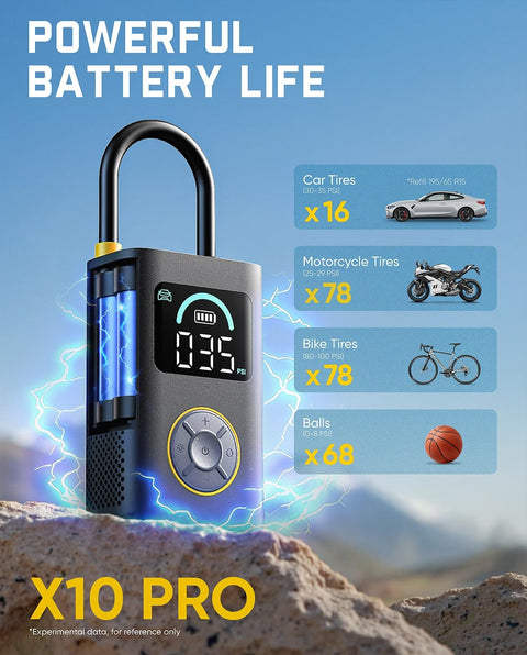 X10 Pro Portable Tire Inflator With No Fuss 35 Second Jet Inflation 150 Psi Cordless Air Pump for cars, motorcycles, bikes, balls, digital gauge.