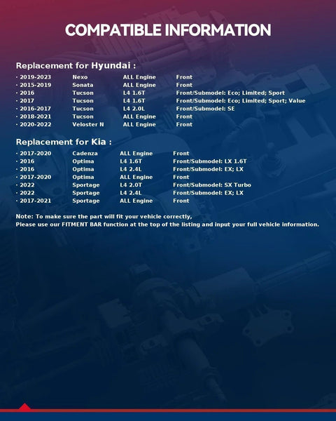 Compatible information chart for Hyundai and Kia wheel hub assemblies, listing models and engine types.