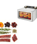 Heavy Duty Commercial Food Dehydrator with Smart Temp Control and Timer, 6 Tray Stainless Steel Dryer with dried fruits and jerky.