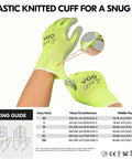 15-Pairs Latex-Free Polyurethane Dipped Safety Work Gloves For Auto Construction Gardening And More All Purpose Use Flexible Polyester Yellow Size L with elastic knitted cuff, illustrated sizing guide.