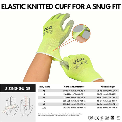 15-Pairs Latex-Free Polyurethane Dipped Safety Work Gloves For Auto Construction Gardening And More All Purpose Use Flexible Polyester Yellow Size L with elastic knitted cuff, illustrated sizing guide.
