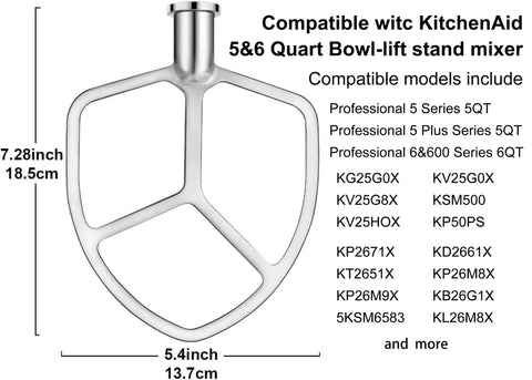 Coated Flat Beater For 6 Quart Bowl-Lift Stand Mixer Replacement with dimensions and compatibility list