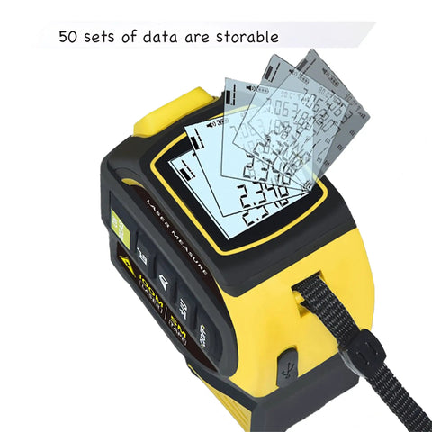 4 In 1 Laser Tape Measure With Cross Line Laser Retractable Tape 328 Ft Laser Range And 16 Ft Tape Fast Accurate Measurements For DIY Home Reno And Pro Builds yellow display storing 50 data sets