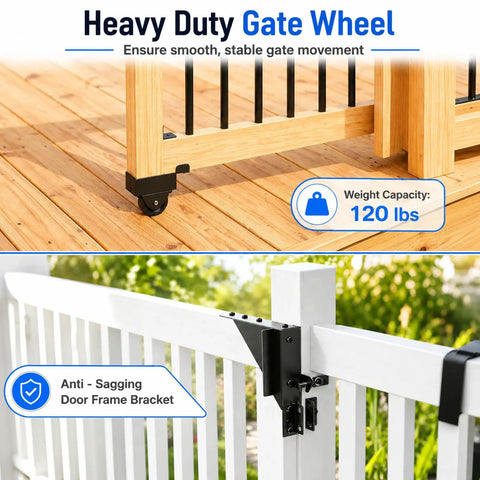 Heavy Duty Sliding Gate Kit With Anti Sag Roll Wheels For Deck And Driveway Gates Universal Fit For 1 To 2 Inch Wood Fences Smooth Quiet Operation Gate Hardware For Easy Setup And Reliable Gate Movement No Fuss, 120 lbs gate wheel and anti-sag bracket on wood fence