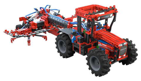 Six Vehicle Pneumatics Building Kit For Hands On STEM Fun Dope German Made Quality Blocks With Compressor Cylinders And Exhaust Throttles Build Six Different Cars For Expert Builders And Creative Problem Solvers. red pneumatic tractor model with black wheels and blue hoses