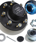 Trailer Hub Kit 8 Bolt 6.5 Inch For 7000 Lb Trailer Axle Pre Lubricated And Installed With 25580 14125A Bearings And 2.25 Inch Grease Seals Dust Cap And Rubber Plug Fits One And A Quarter Inch To One And Three Quarters Inch Axles displayed with components.