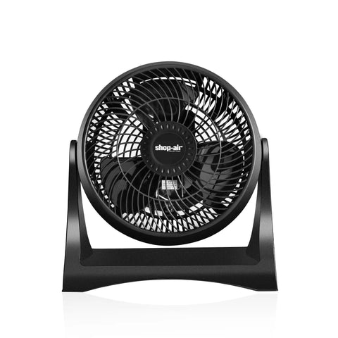 Front view of Compact Wall Mounted Desk Fan with TurboForce Airflow, showing black blades and adjustable tilt on a desk stand.