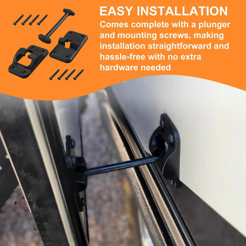 Premium Heavy Duty T Style RV Entry Door Holder 3 1 2 Inch showing installation with plunger and mounting screws
