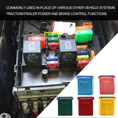 Built Tough Low Profile Fuse Assortment Kit For Trucks Cars And Suvs Includes Ten Pcs Road Ready Box Blade Micro Cartridge Fuses With Copper Contacts Rated At Twenty Thirty Forty Fifty And Sixty Amps in vehicle fuse box.