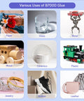 Various uses of B7000 Glue for paper, glass, metal, wood, ceramics, plastic, jewelry, rubber, leather projects